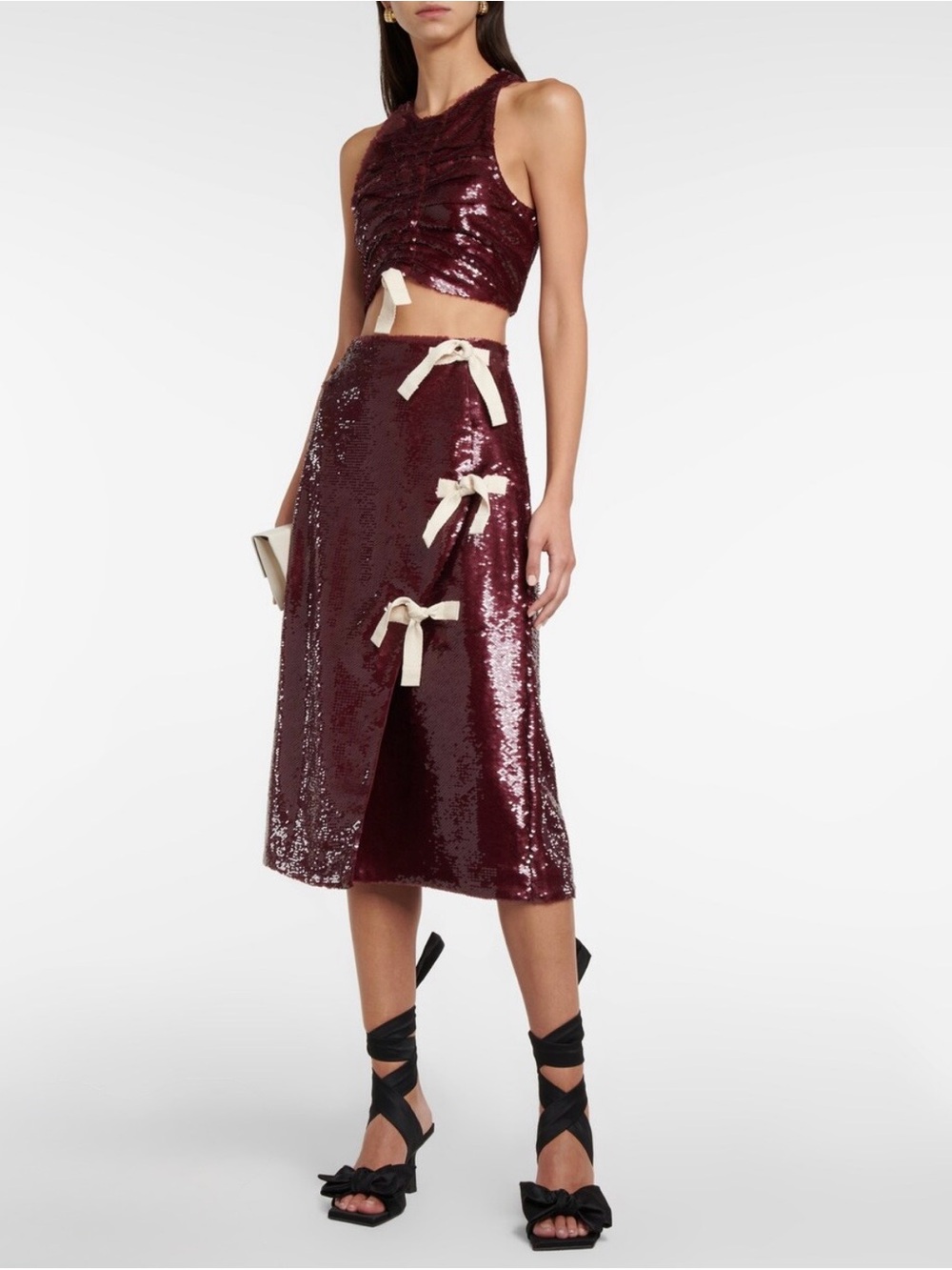 Ganni Burgundy Sequin Midi Skirt with Cream Bow Details | size 38 or US 6 | EUC